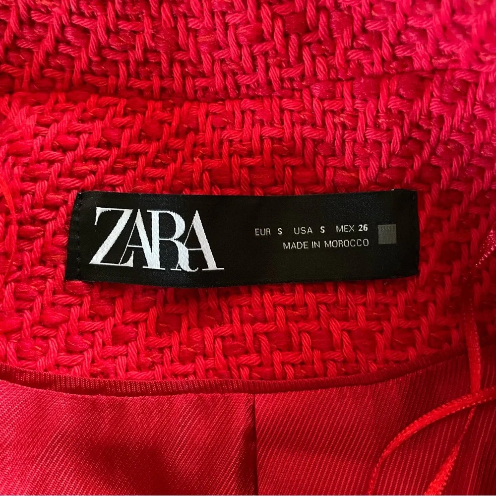 Zara Textured Tweed Coat Gold Buttons Oversized Jacket Red BLOGGER FAVORITE